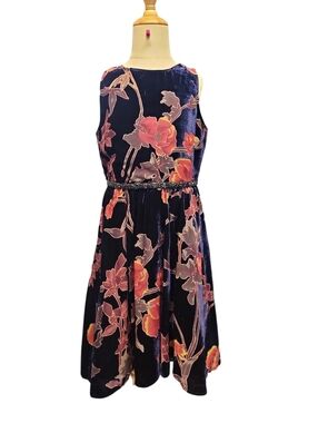 Rare Editions Navy Velvet Dress with Pink Floral Accents Size 8